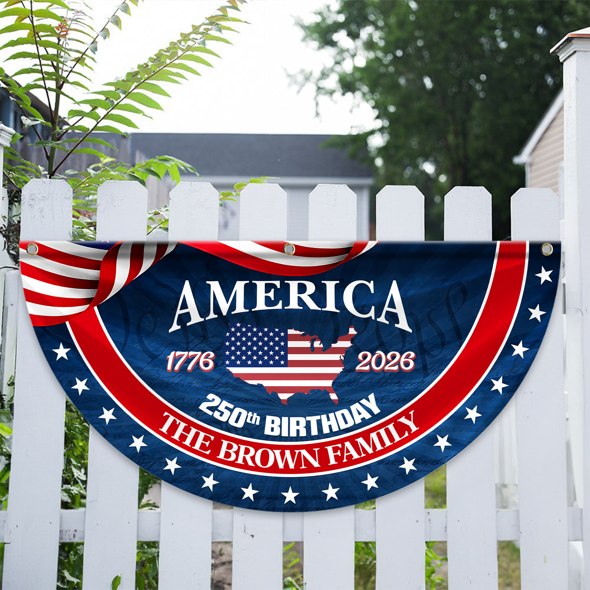 Personalized America 250th Anniversary Bunting Flag Custom Family Name America 250 Birthday 1776-2026 Non-Pleated Fan Flag