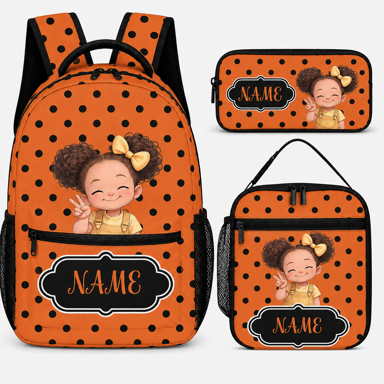 Personalized Cute Cartoon Black Girl Backpack Lunch Bag Pencil Case Set with Name Back-To-School Birthday Gift for Girls
