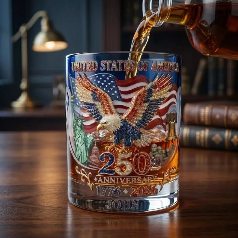 USA 250th Anniversary Personalized Whiskey Glass, Proud Anniversary Whiskey Glass, Custom Name, Whiskey Lovers, Gift For Patriots