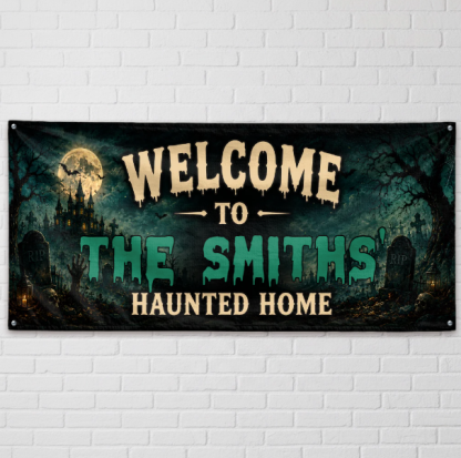 Custom Haunted Home Outdoor Banner - Personalized Halloween Decor Gifts For Mom, Dad, Brother, Sister - Creep It Real This Halloween