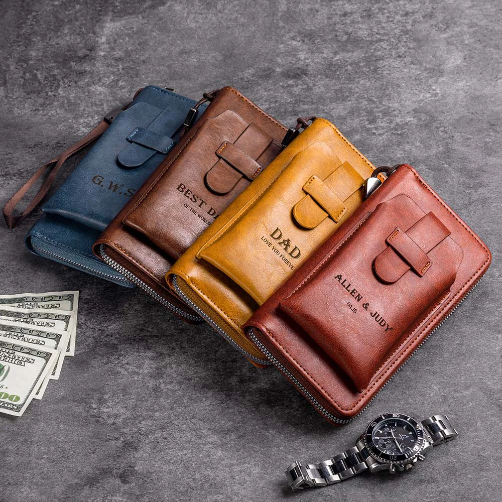 Personalized Engraved Text Portable Leather Zippered Man's Wallet with Wrist Strap and Phone Pocket Birthday Father's Day Anniversary Gift for Men