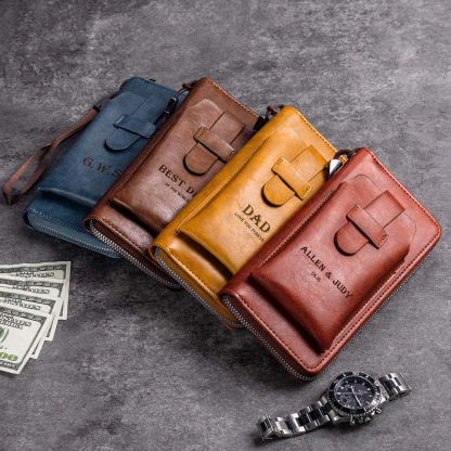 Personalized Engraved Text Portable Leather Zippered Man's Wallet with Wrist Strap and Phone Pocket Birthday Father's Day Anniversary Gift for Men