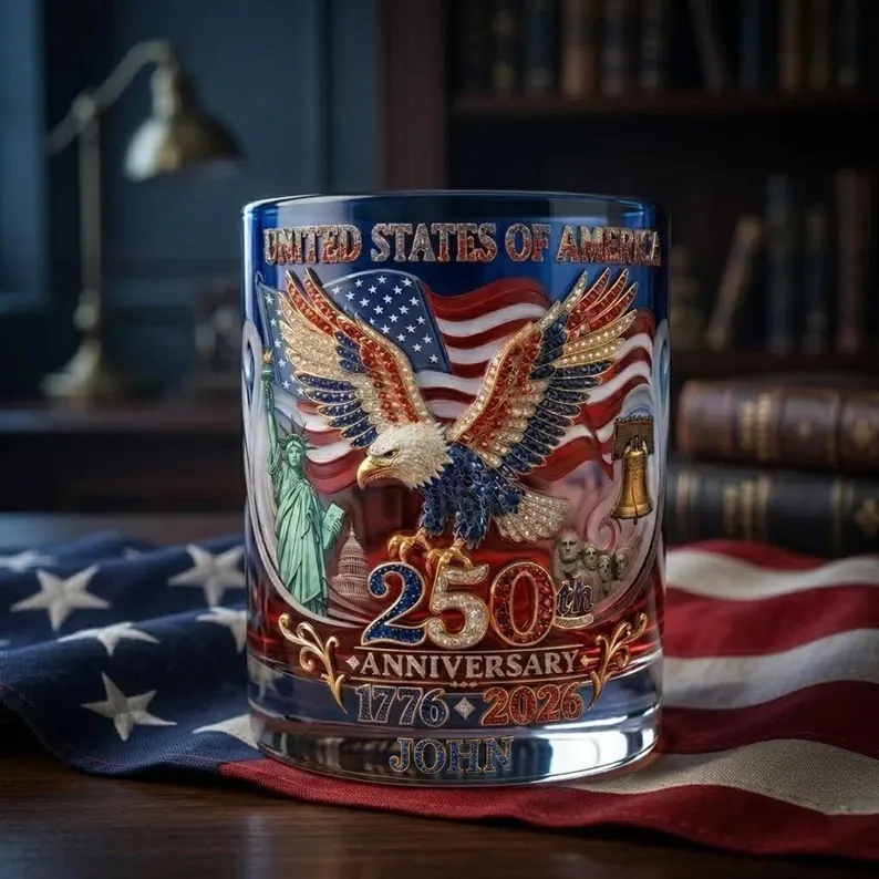 USA 250th Anniversary Personalized Whiskey Glass, Proud Anniversary Whiskey Glass, Custom Name, Whiskey Lovers, Gift For Patriots