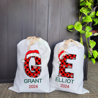 Personalized Christmas Santa Sack, Custom Name & Initial Gift Bag, Reusable Cotton Present Sack for Kids & Adults