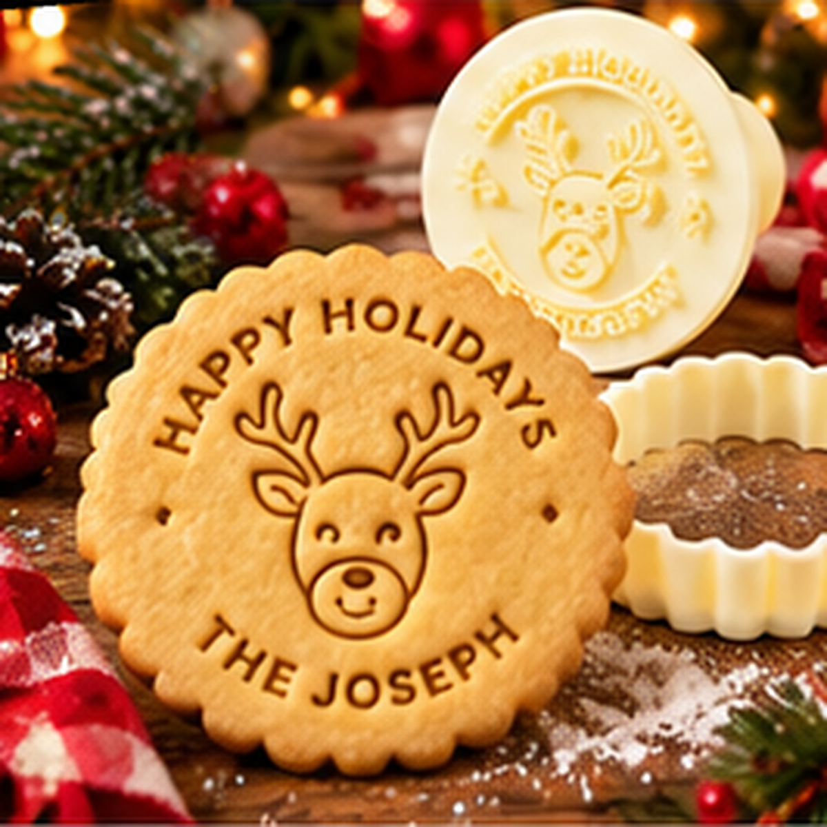 Custom Reindeer Cookie Stamp, Personalized Christmas Cookie Cutter for Holiday Treats
