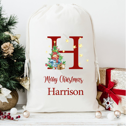 Personalized Christmas Santa Sack with Name & Initial, Custom Cotton Gift Bag with Santa Claus, Holiday Gift Sack