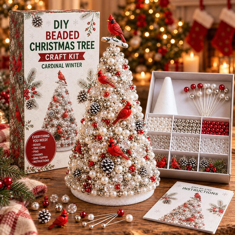 DIY Beaded Christmas Tree Craft Kit, Festive Holiday Ornament Making Set (Plastic)