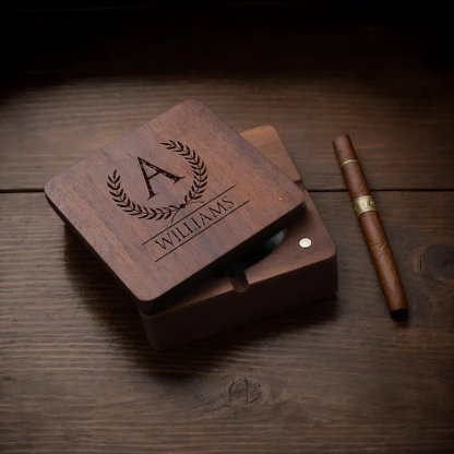 Personalized Wooden Ashtray with Lid – Custom Engraved Walnut Tray, Gift for Him, Grandpa Groomsmen Gift, Smoker Accessories