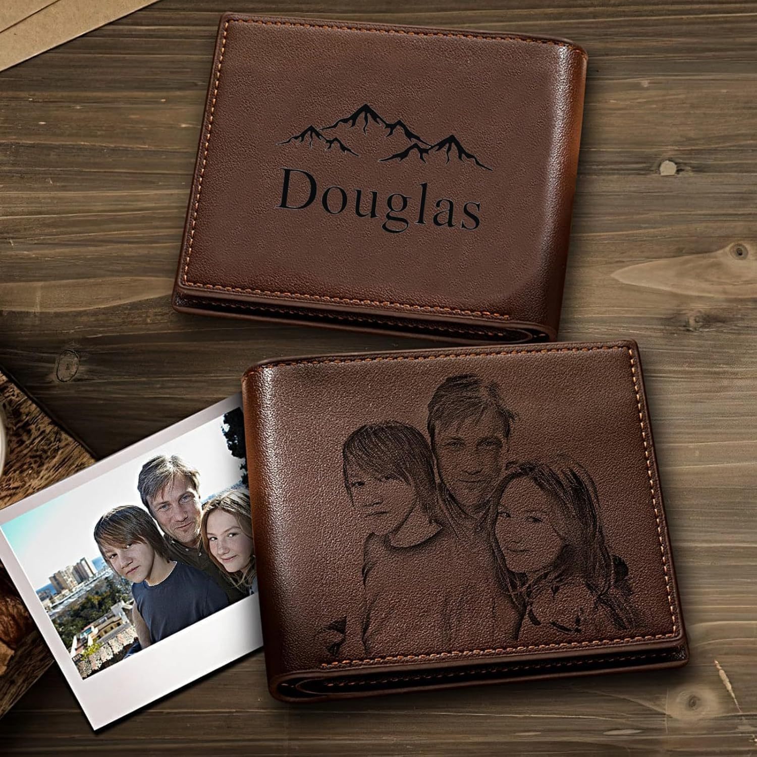 Custom Wallets for Men, Personalized Photo & Name Wallet for Men One Fist Bump Engraved Leather Wallet for Dad Husband Son BF Groomsmen Birthday Anniversary Christmas Father's Day Gifts