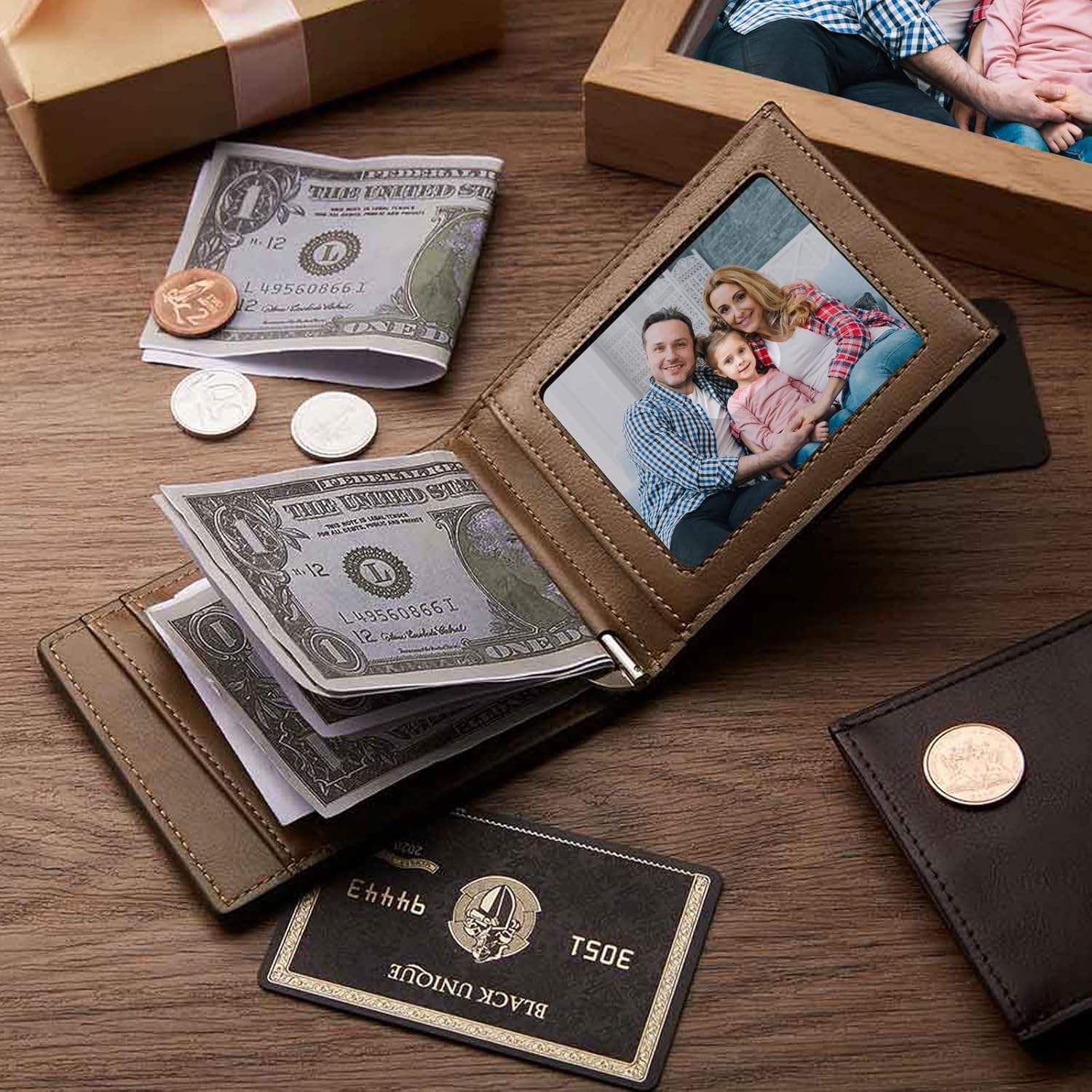 Custom Wallet for Men, Personalized Engraved Men's Wallet, Long Leather Men Wallet with Photo Name for Anniversary Birthday Wedding, Personalized Gifts for Him Dad Husband Groomsman Boyfriend