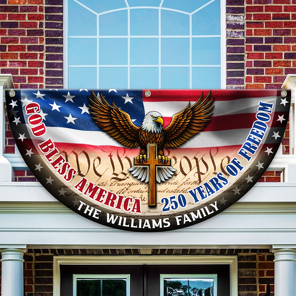 Personalized America 250th Anniversary Bunting Flag Custom Family Name God Bless America Non-Pleated Fan Flag HA75 898804