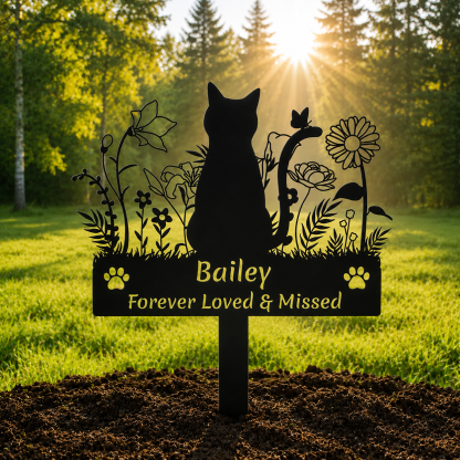 Custom Cat Name Memorial Grave Stake Marker, Personalized Floral Cat Memorial Grave Marker, Customized Flowers Butterfly Cat Memorial Stake Outdoor Metal Grave Plaque Cat Memorial Statue
