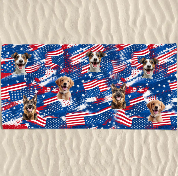 Custom Photo Beach Towel - Personalized 4th Of July, Summer Vacation And Travel Gifts For Dog Cat Lovers, Dog Dad And Mom, Cat Owners - Pawtriotic Summer Vibes