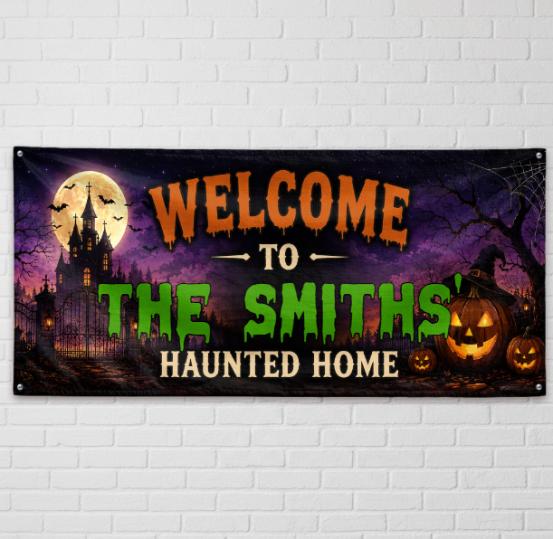 Custom Haunted Home Outdoor Banner - Personalized Halloween Decor Gifts For Mom, Dad, Brother, Sister - Creep It Real This Halloween