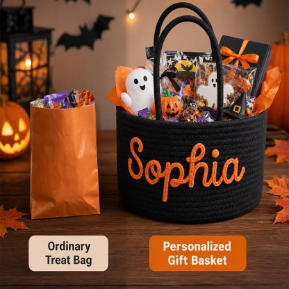 Custom Halloween Basket for Child Personalized Halloween Trick or Treat Bag with Cotton Rope Embroidery Name Customized Kids Woven Halloween Candy Bucket Gifts for Boys Girls