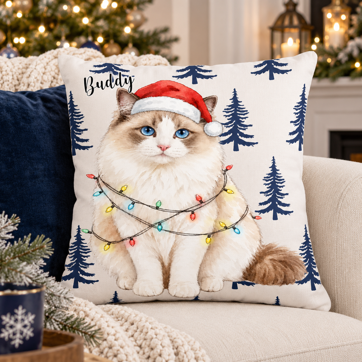 Custom Pet Photo Watercolor Art Christmas Winter Decor Gift - Personalized Pillow