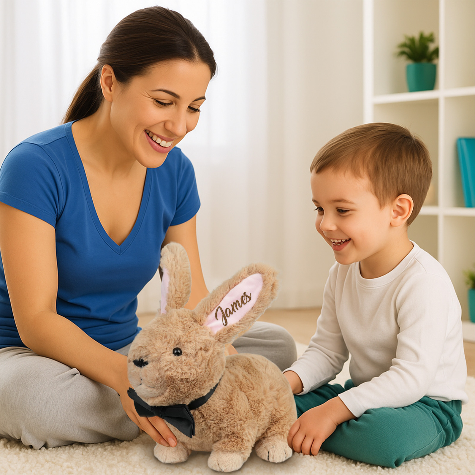 Custom Bunny Plush Embroidered Name, Realistic Bunny Stuffed Animal, Personalised Brown Rabbit for Baby Birthday Easter Gift for Girls Toddlers Kids