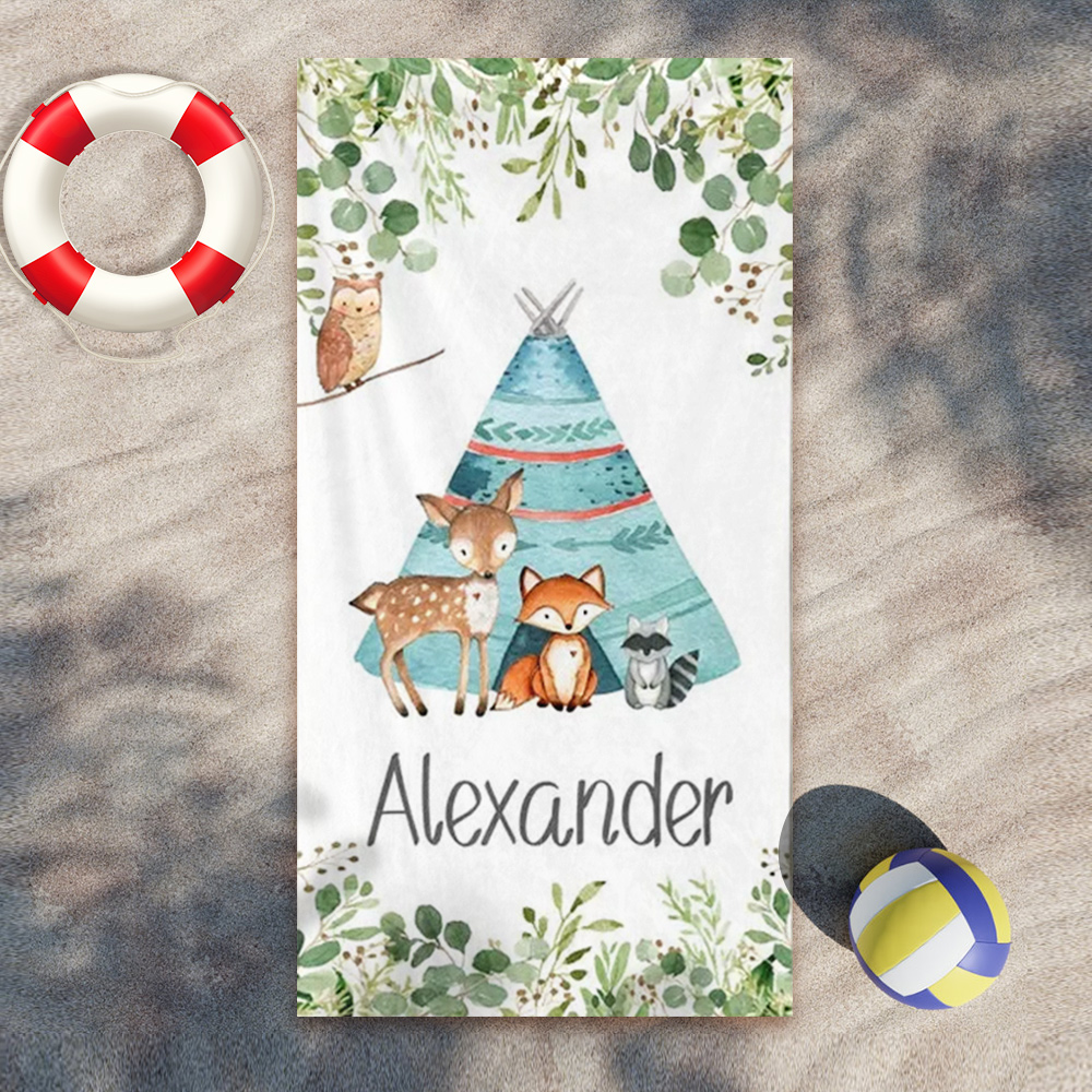 Woodland Towel, Customized Beach Towel, Fox, Raccoon, Deer, Owl