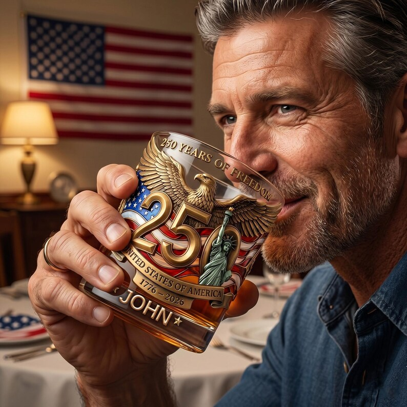 United States 250th Anniversary, Personalized Whiskey Glass, Gift For Men, Custom Name, Patriotic Cup Gift For Him,
