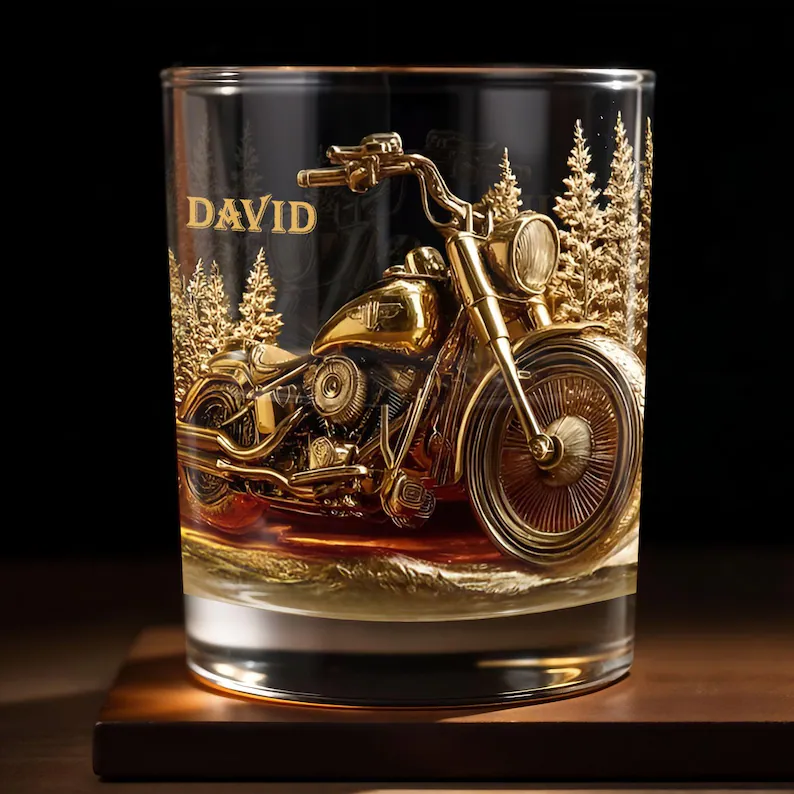 Custom Motorcycle Rider Whiskey Glass, Personalized Biker Bourbon Tumbler, Engraved Name Drinking Glass Gift for Him