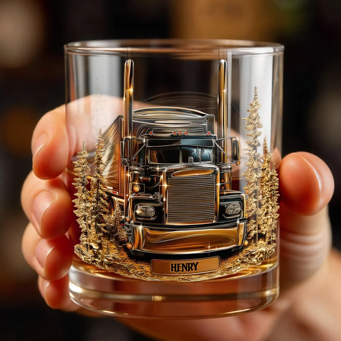 Personalized Trucker Whiskey Glass 2d Flat, Custom Semi Truck Bourbon Glass, Truck Driver Gift for Men, Long Haul Driver Rocks Glass