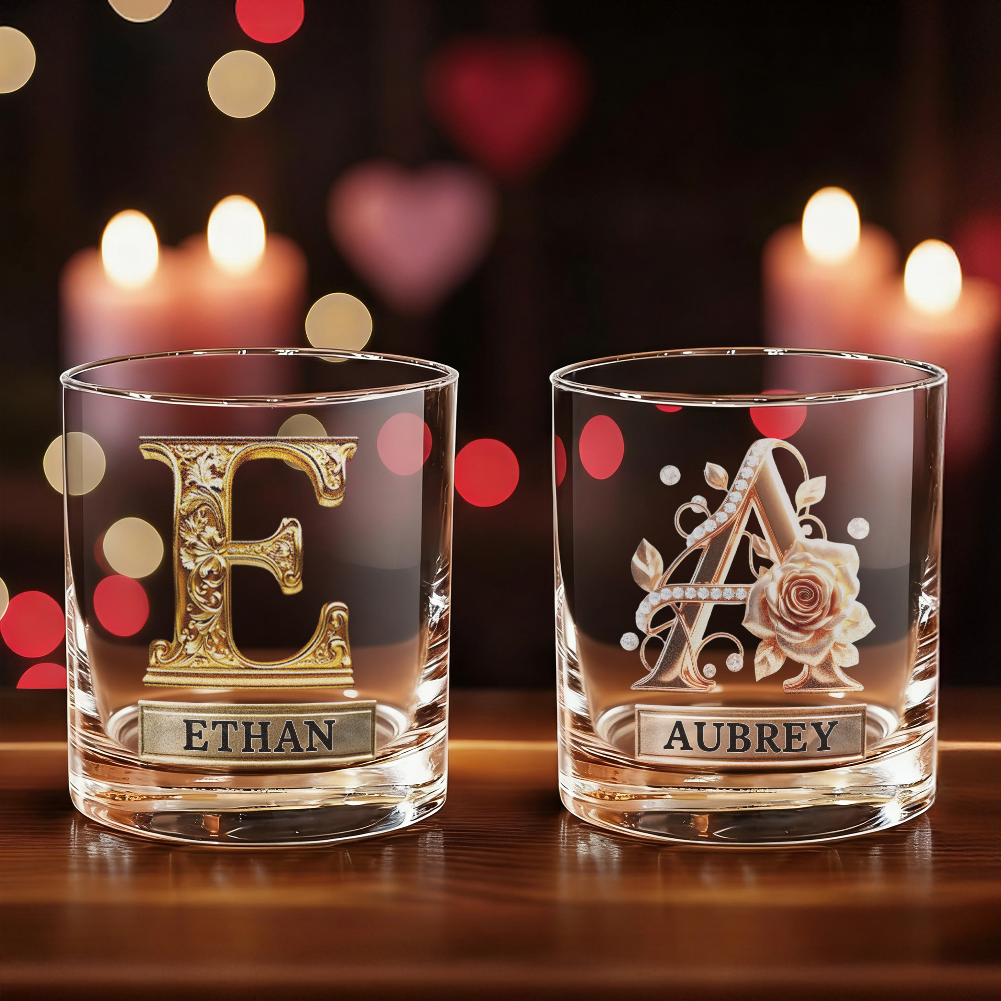 Custom Name Rose Pearl/Embossing Alphabet Wine Glass, 10oz Bourbon Whiskey Old Fashioned Glass, Anniversary/Valentine's Day Gift for Him/Her/Couple