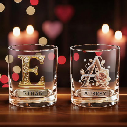 Custom Name Rose Pearl/Embossing Alphabet Wine Glass, 10oz Bourbon Whiskey Old Fashioned Glass, Anniversary/Valentine's Day Gift for Him/Her/Couple