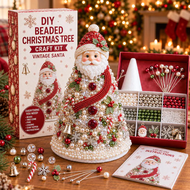 DIY Beaded Christmas Tree Craft Kit, Festive Holiday Ornament Making Set (Plastic)