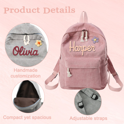 Personalized Backpack Braided Flower Rainbow Name Corduroy Backpack Birthday Gift Custom Toddler School Bag