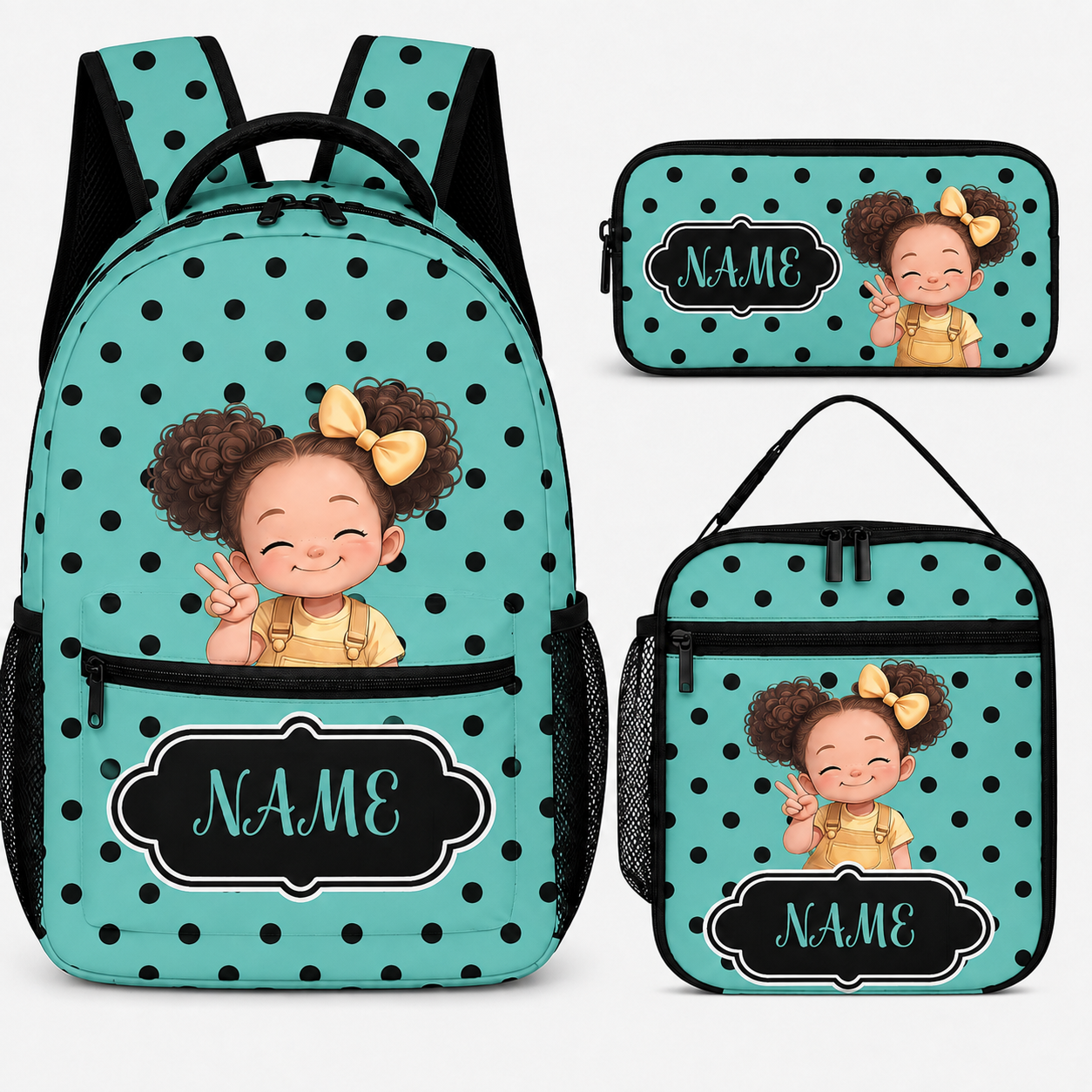 Personalized Cute Cartoon Black Girl Backpack Lunch Bag Pencil Case Set with Name Back-To-School Birthday Gift for Girls