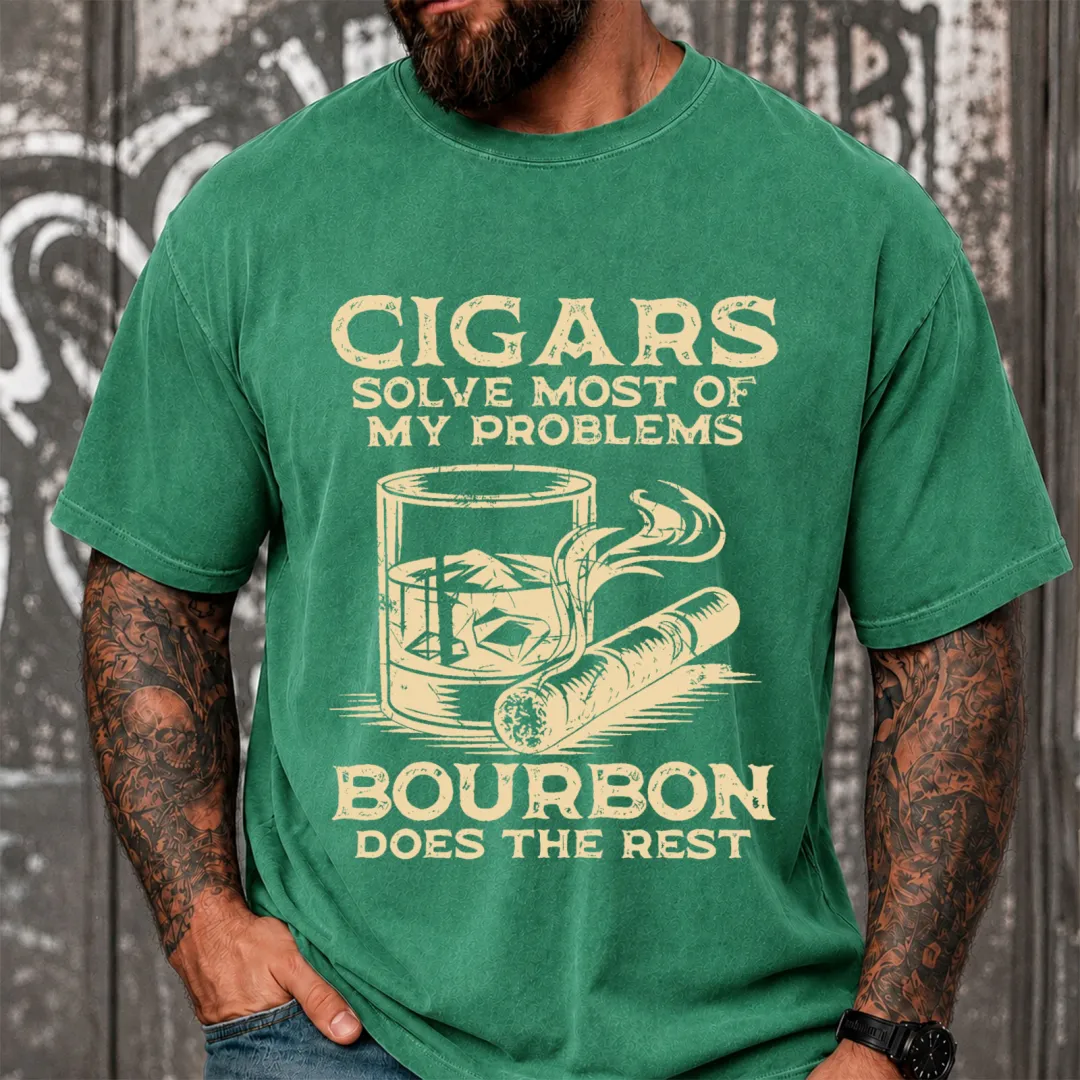 Cigars Solve Most Of My Problems Bourbon Solves The Rest Funny Vintage Washed Oversized T-Shirt
