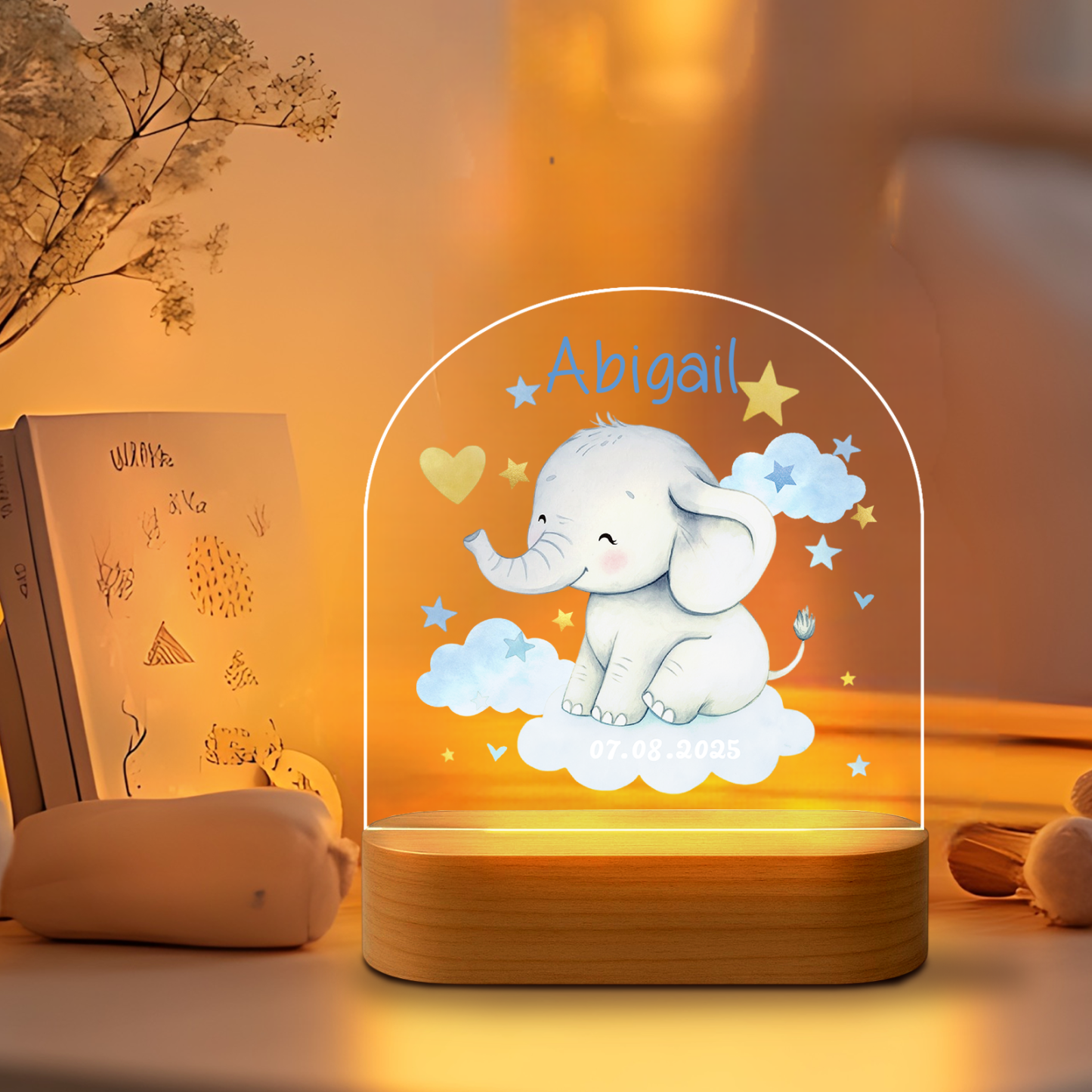Custom Blue Elephant LED Night Light – Personalized Baby Room Gift