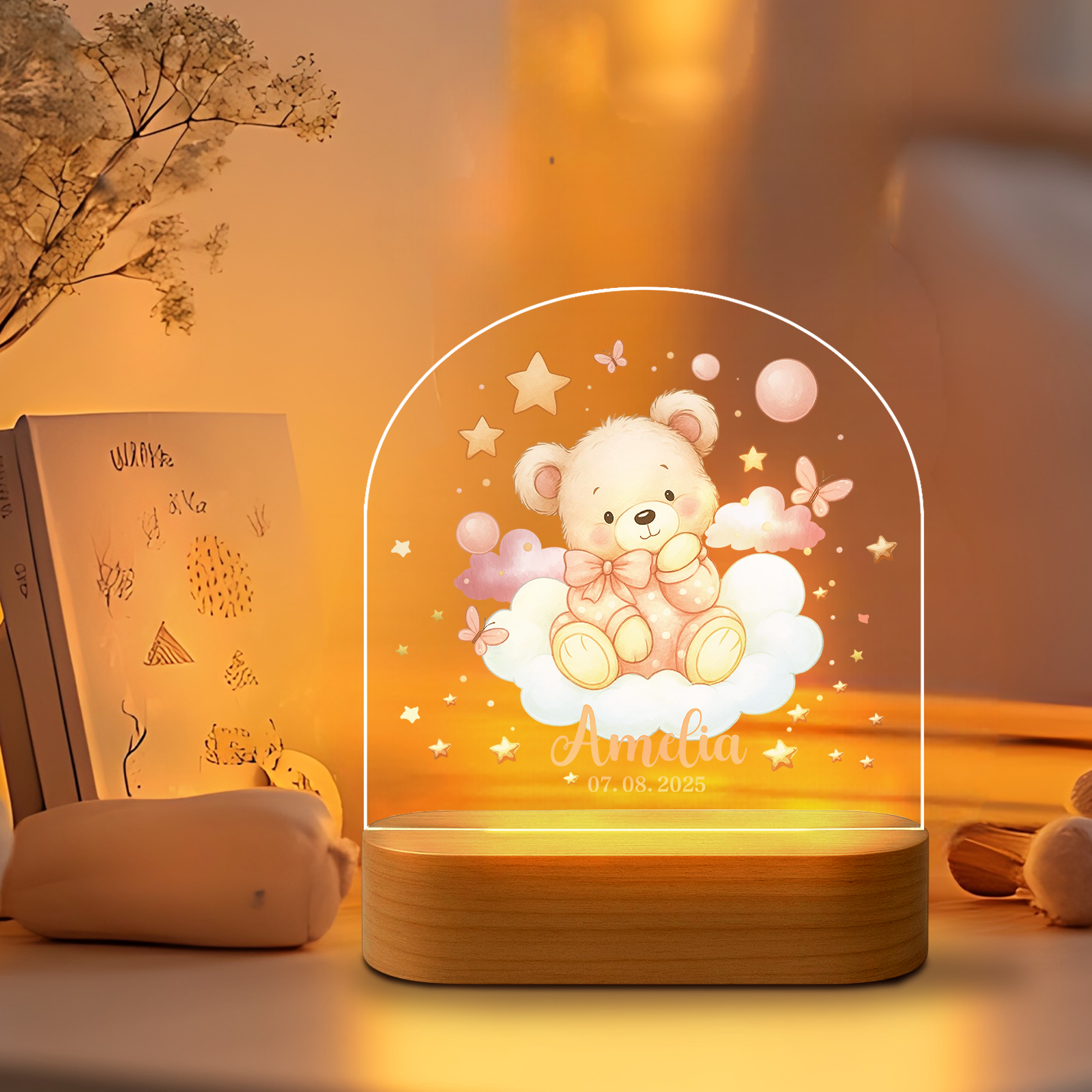 Custom Pink Bear Night Light for Kids – Soft LED Nursery Lamp