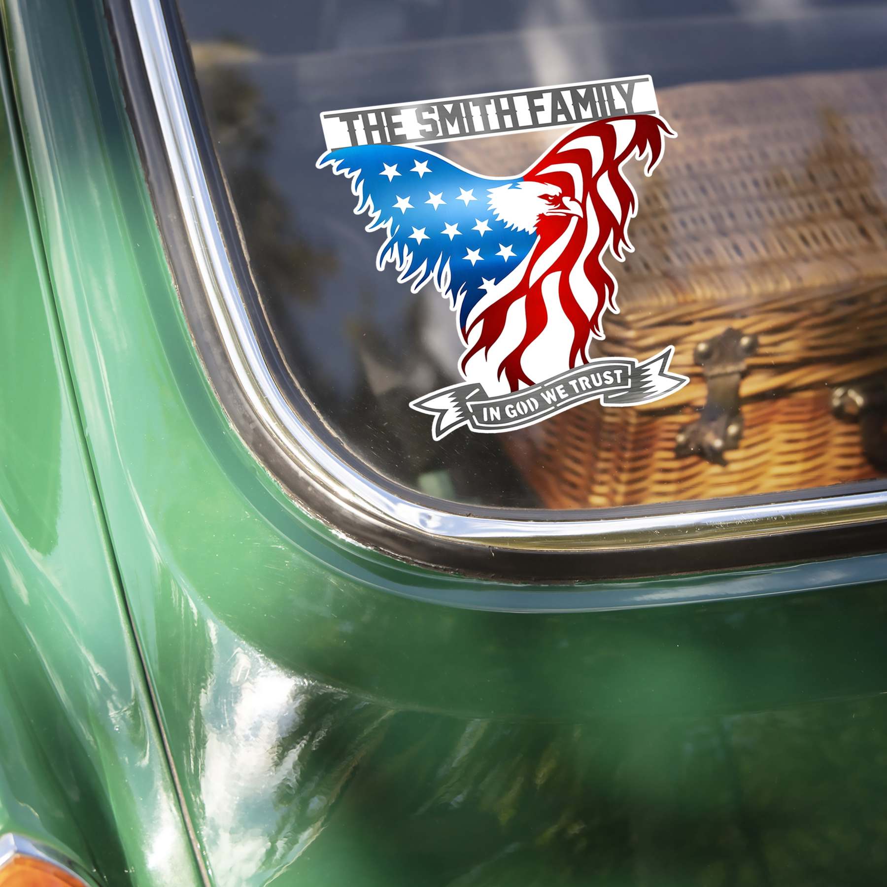 Custom Family Name American Eagle Flag In God We Trust Car Window Decal Sticker LM32 897903