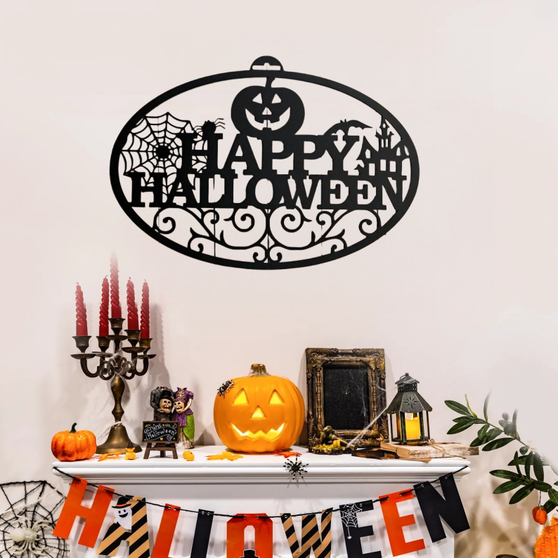 Happy Halloween Metal Door Hanger, Halloween Decor, Fall Decor, Halloween Sign, Metal Art, Halloween Wreath