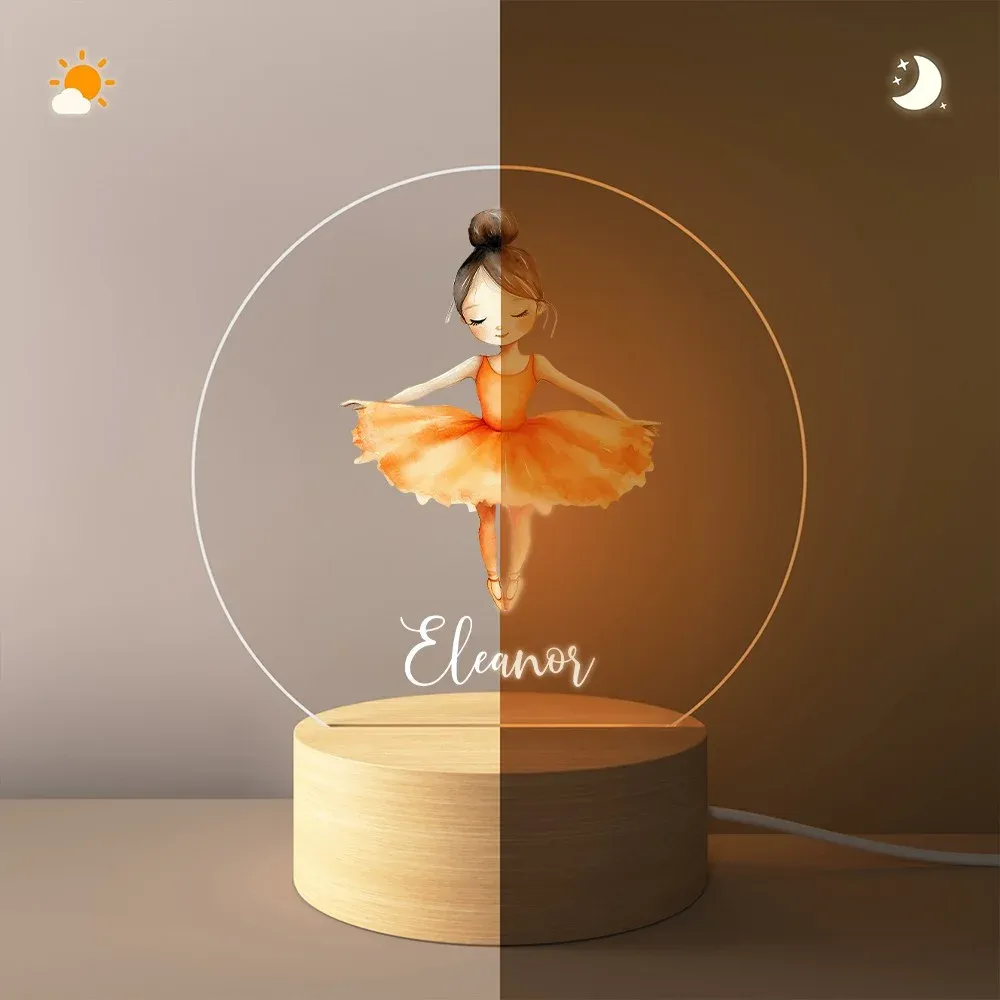 Custom Name Cartoon Ballerina Girl LED Night Light, Acrylic Night Lamp with Wooden Base, Nursery Home Decor, Birthday Gift for Girls/Ballet Lovers
