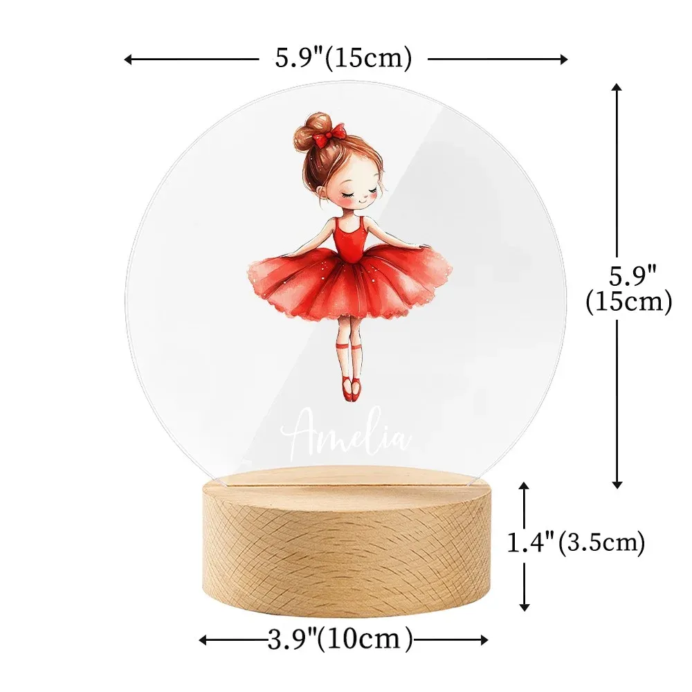Custom Name Cartoon Ballerina Girl LED Night Light, Acrylic Night Lamp with Wooden Base, Nursery Home Decor, Birthday Gift for Girls/Ballet Lovers