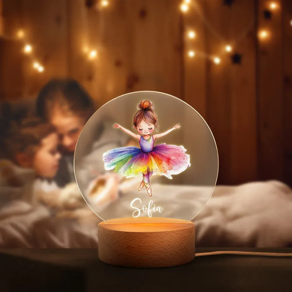 Custom Name Cartoon Ballerina Girl LED Night Light, Acrylic Night Lamp with Wooden Base, Nursery Home Decor, Birthday Gift for Girls/Ballet Lovers