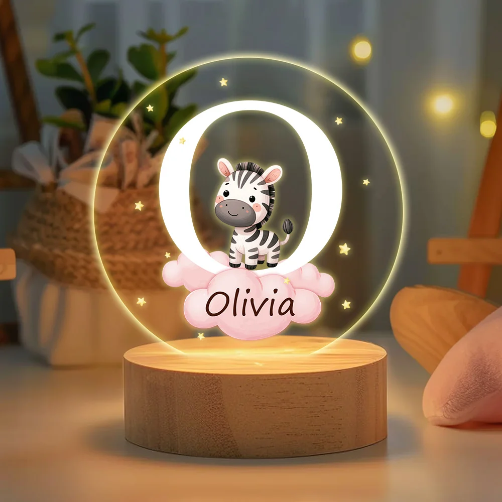 Personalized Fantasy Star Cloud Cute Forest Animal Initial Name LED Night Light with Wooden Base Nursery Decor Birthday Baby Shower Gift for Kids