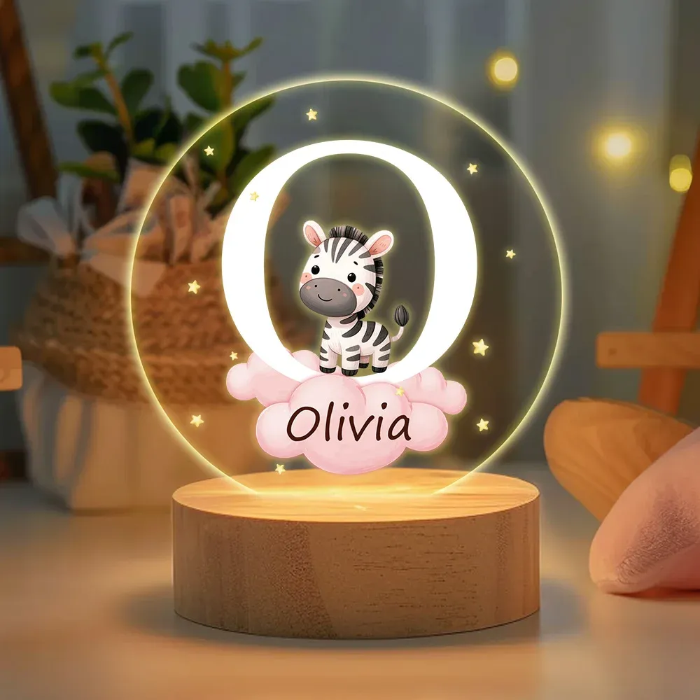 Personalized Fantasy Star Cloud Cute Forest Animal Initial Name LED Night Light with Wooden Base Nursery Decor Birthday Baby Shower Gift for Kids