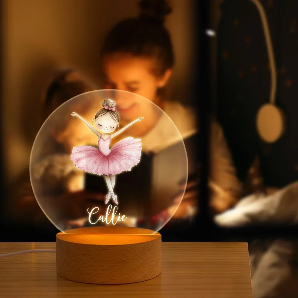 Custom Name Cartoon Ballerina Girl LED Night Light, Acrylic Night Lamp with Wooden Base, Nursery Home Decor, Birthday Gift for Girls/Ballet Lovers