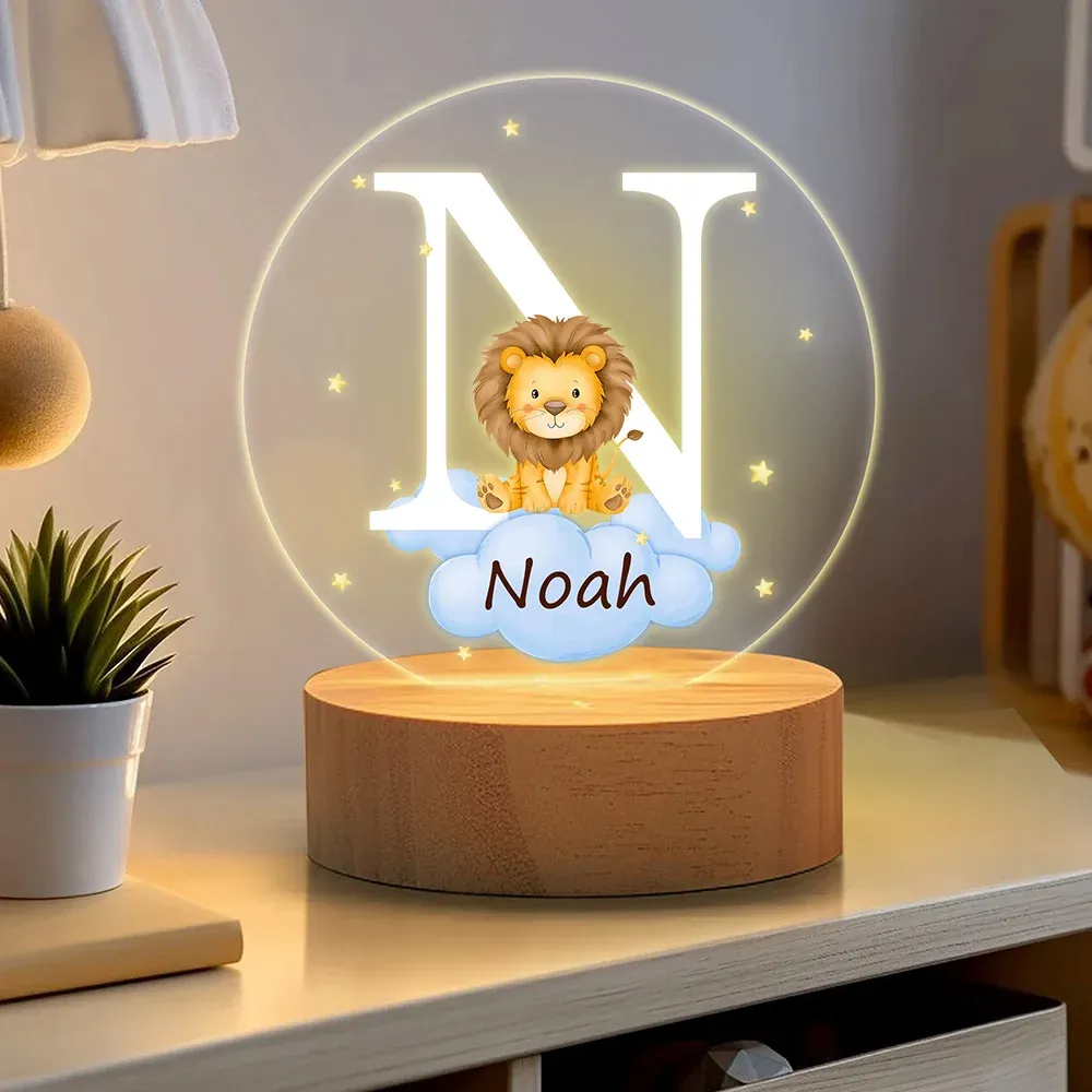 Personalized Fantasy Star Cloud Cute Forest Animal Initial Name LED Night Light with Wooden Base Nursery Decor Birthday Baby Shower Gift for Kids