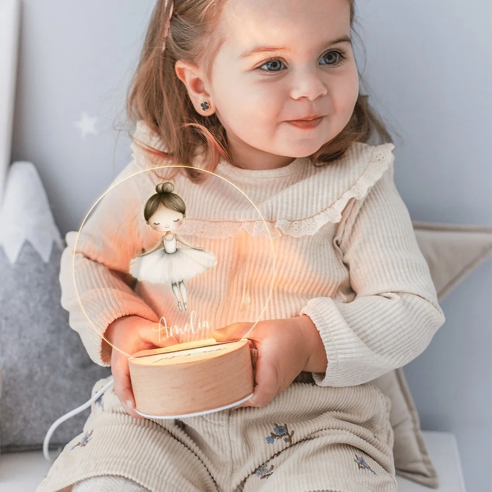 Custom Name Cartoon Ballerina Girl LED Night Light, Acrylic Night Lamp with Wooden Base, Nursery Home Decor, Birthday Gift for Girls/Ballet Lovers