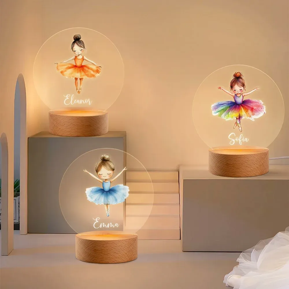 Custom Name Cartoon Ballerina Girl LED Night Light, Acrylic Night Lamp with Wooden Base, Nursery Home Decor, Birthday Gift for Girls/Ballet Lovers