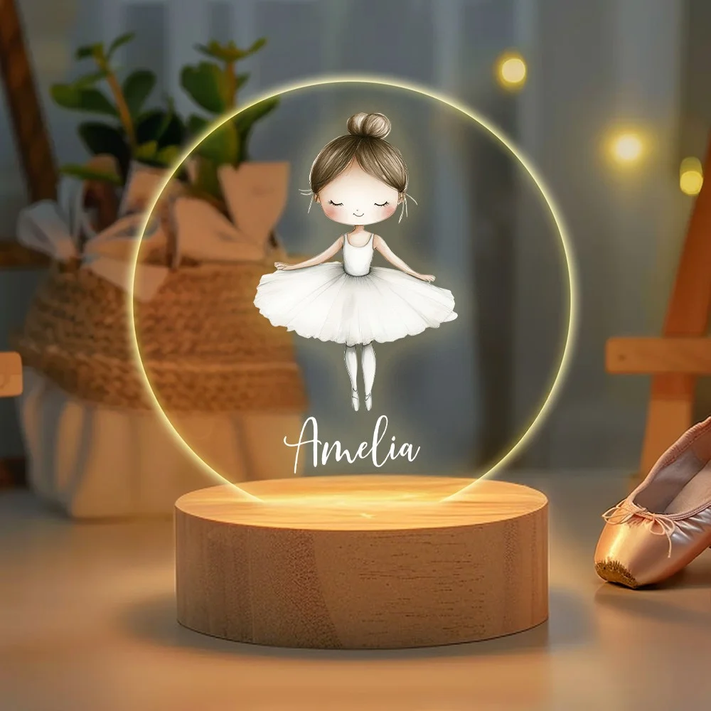 Custom Name Cartoon Ballerina Girl LED Night Light, Acrylic Night Lamp with Wooden Base, Nursery Home Decor, Birthday Gift for Girls/Ballet Lovers