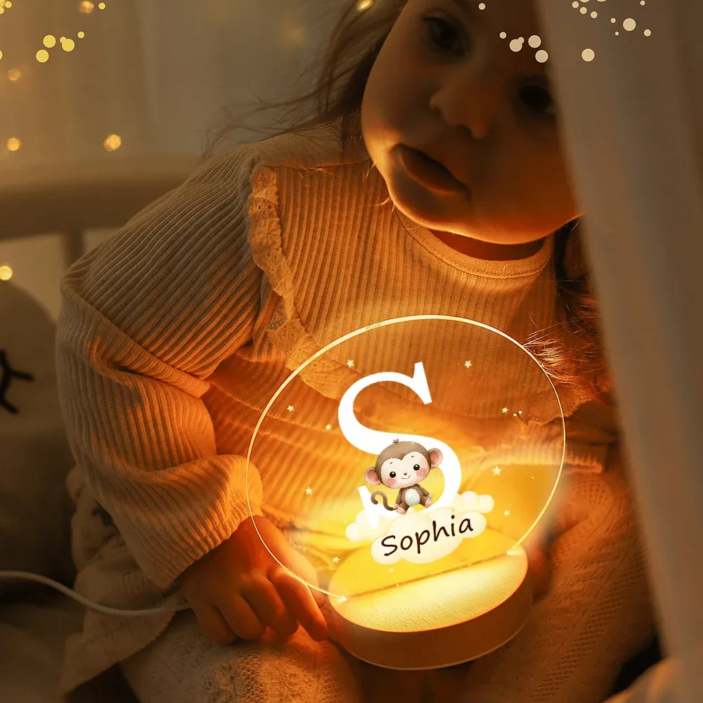 Personalized Fantasy Star Cloud Cute Forest Animal Initial Name LED Night Light with Wooden Base Nursery Decor Birthday Baby Shower Gift for Kids