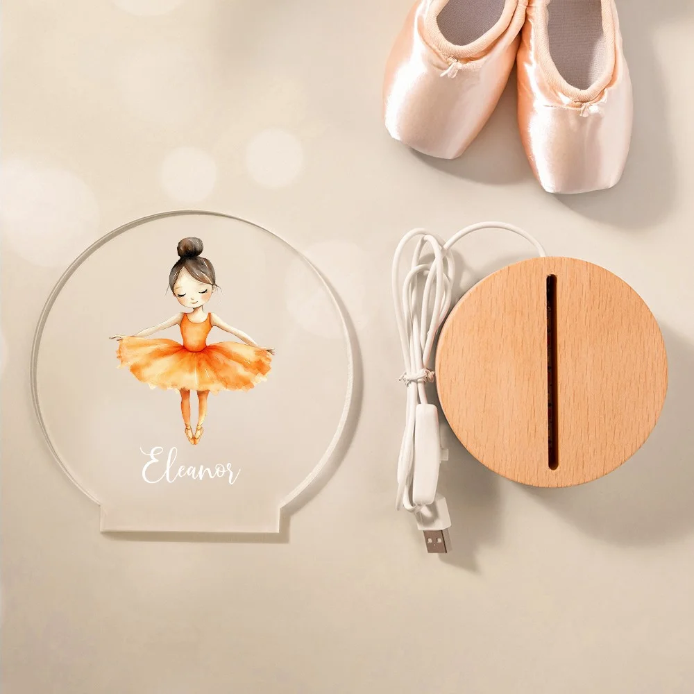 Custom Name Cartoon Ballerina Girl LED Night Light, Acrylic Night Lamp with Wooden Base, Nursery Home Decor, Birthday Gift for Girls/Ballet Lovers