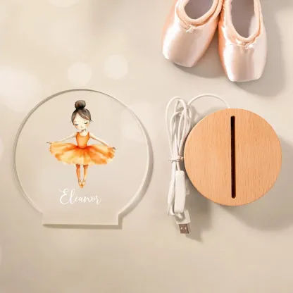 Custom Name Cartoon Ballerina Girl LED Night Light, Acrylic Night Lamp with Wooden Base, Nursery Home Decor, Birthday Gift for Girls/Ballet Lovers