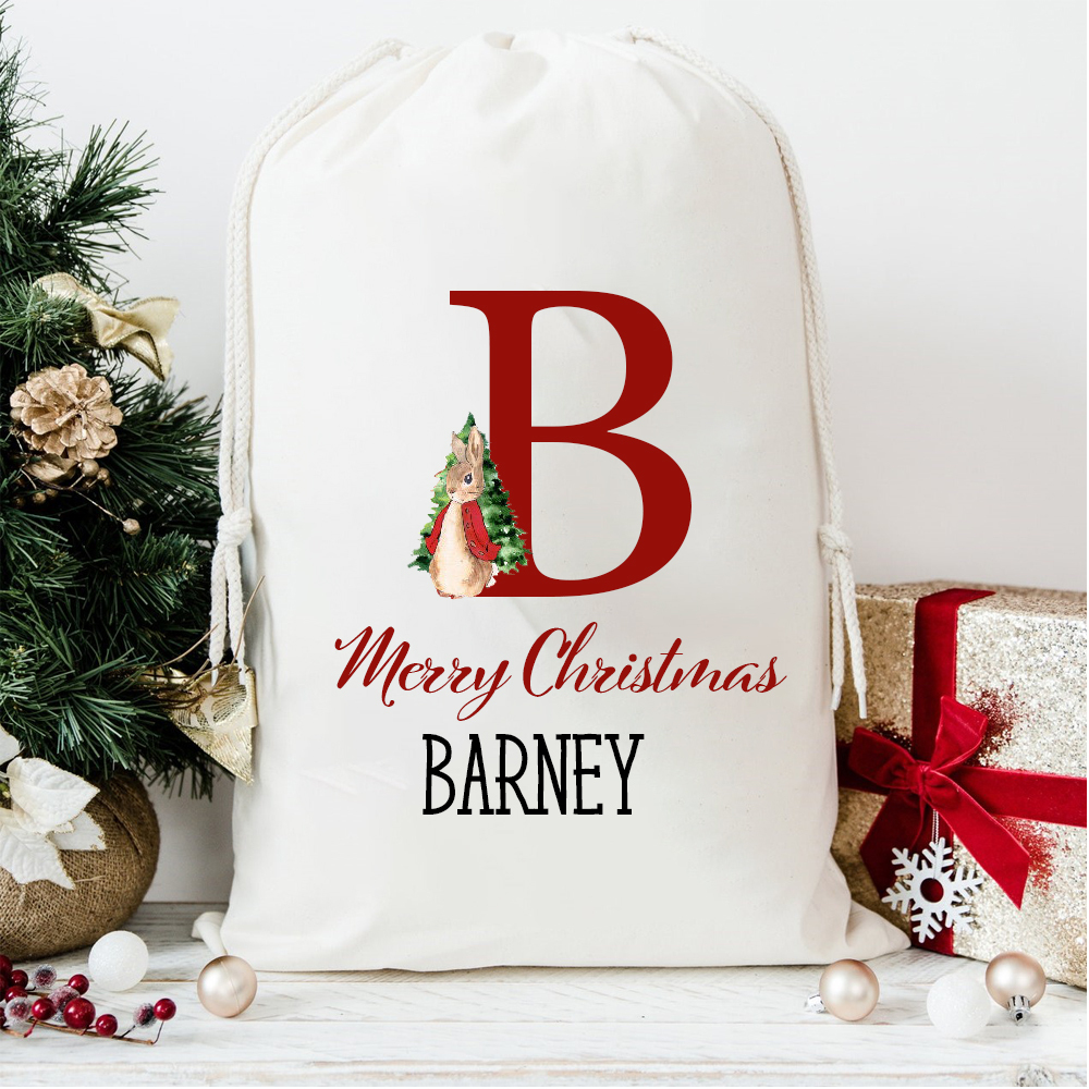 Personalized Christmas Santa Sack with Name & Initial, Custom Cotton Gift Bag with Santa Claus, Holiday Gift Sack