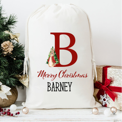 Personalized Christmas Santa Sack with Name & Initial, Custom Cotton Gift Bag with Santa Claus, Holiday Gift Sack